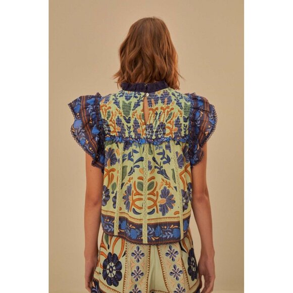 Farm Rio Ocean Tapestry Green Sleeveless Blouse XS - Picture 2 of 12